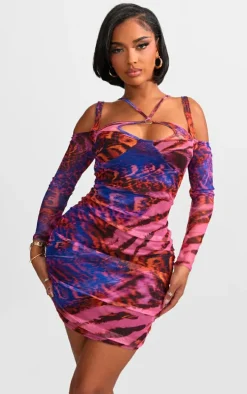 Shape Purple Print Mesh Ring Halterneck Ruched Bodycon Dress