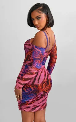 Shape Purple Print Mesh Ring Halterneck Ruched Bodycon Dress