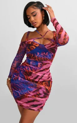 Shape Purple Print Mesh Ring Halterneck Ruched Bodycon Dress