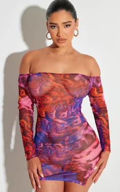 Shape Purple Printed Mesh Long Sleeve Bardot Cut Out Bodycon Dress