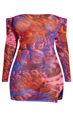 Shape Purple Printed Mesh Long Sleeve Bardot Cut Out Bodycon Dress