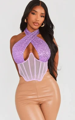 Shape Purple Sequin Mesh Insert Wrap Neck Corset