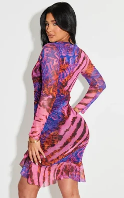 Shape Purple Zebra Printed Mesh Ruched Side Frill Hem Bodycon Dress