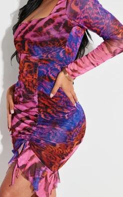 Shape Purple Zebra Printed Mesh Ruched Side Frill Hem Bodycon Dress