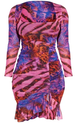 Shape Purple Zebra Printed Mesh Ruched Side Frill Hem Bodycon Dress