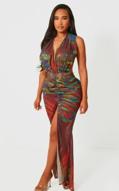 Shape Red Abstract Printed Chiffon Drape Front Maxi Dress