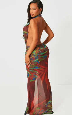 Shape Red Abstract Printed Chiffon Drape Front Maxi Dress