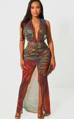 Shape Red Abstract Printed Chiffon Drape Front Maxi Dress