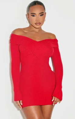 Shape Red Bardot Knitted Bodycon Dress