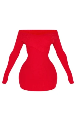 Shape Red Bardot Knitted Bodycon Dress