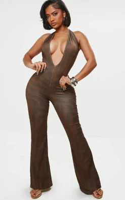 Shape Red Body Print Slinky Plunge Halterneck Jumpsuit