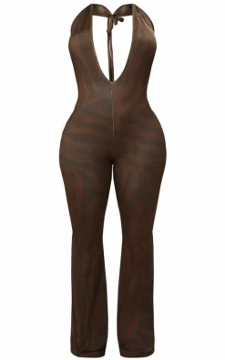 Shape Red Body Print Slinky Plunge Halterneck Jumpsuit