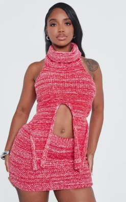 Shape Red Contrast Knit High Neck Crop Top