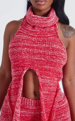 Shape Red Contrast Knit High Neck Crop Top