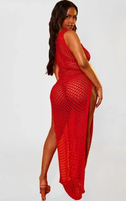 Shape Red Crochet Knit Split Side Maxi Dress
