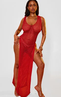 Shape Red Crochet Knit Split Side Maxi Dress