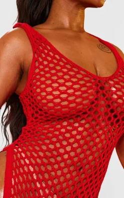 Shape Red Crochet Knit Split Side Maxi Dress