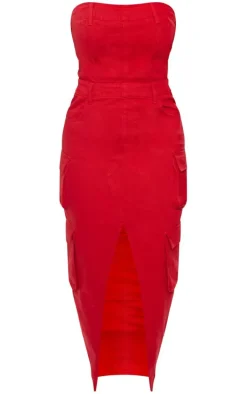 Shape Red Denim Front Split Cargo Dress