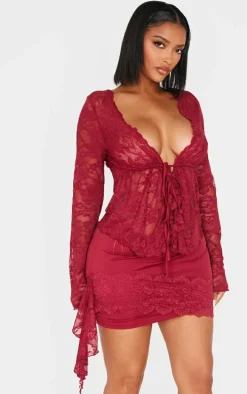Shape Red Drape Lace Side Mini Skirt
