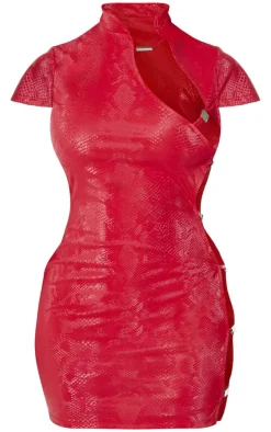 Shape Red Faux Leather Cut Out Snake Print Dress