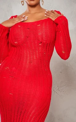 Shape Red Knit Scoop Neck Long Sleeve Maxi Dress