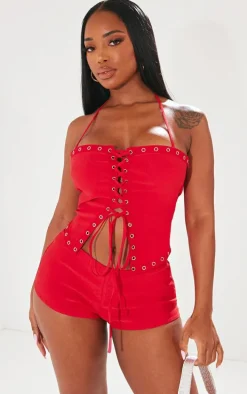 Shape Red Lace Up Detail Corset