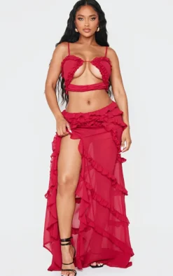 Shape Red Low Rise Frill Detail Front Split Maxi Skirt