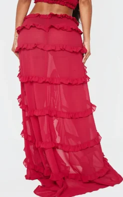 Shape Red Low Rise Frill Detail Front Split Maxi Skirt