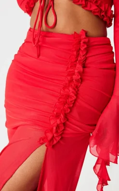 Shape Red Low Rise Frill Detail Side Split Maxi Skirt