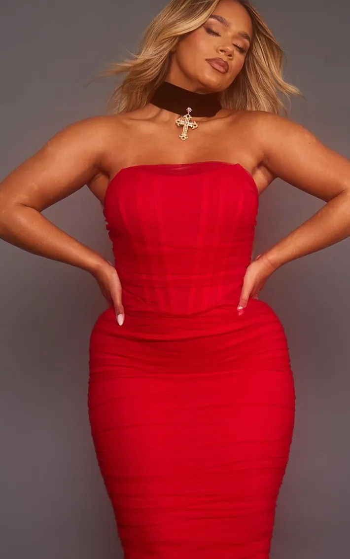 Shape Red Mesh Corset Bandeau Maxi Dress