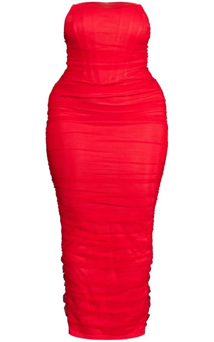 Shape Red Mesh Corset Bandeau Maxi Dress