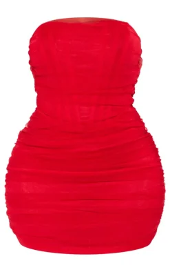 Shape Red Mesh Corset Detail Ruched Bodycon Dress