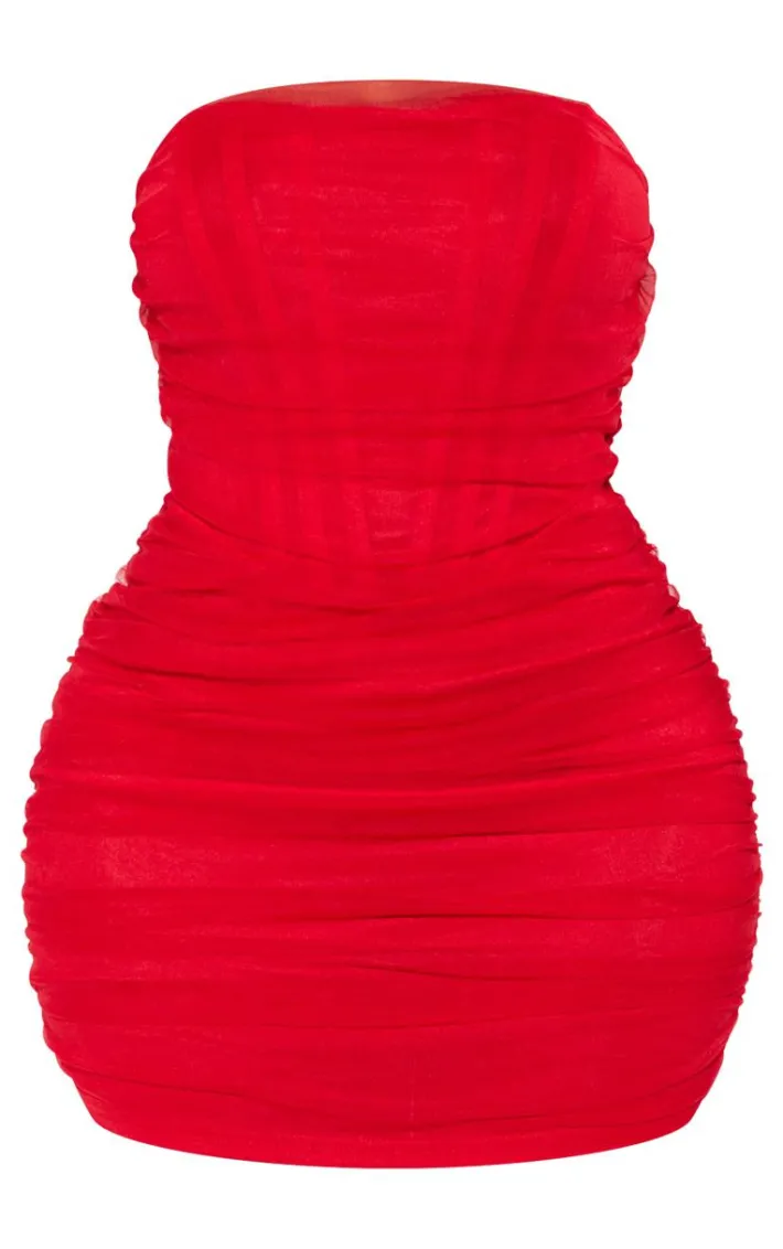Shape Red Mesh Corset Detail Ruched Bodycon Dress
