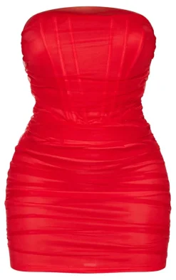 Shape Red Mesh Corset Detail Ruched Bodycon Dress