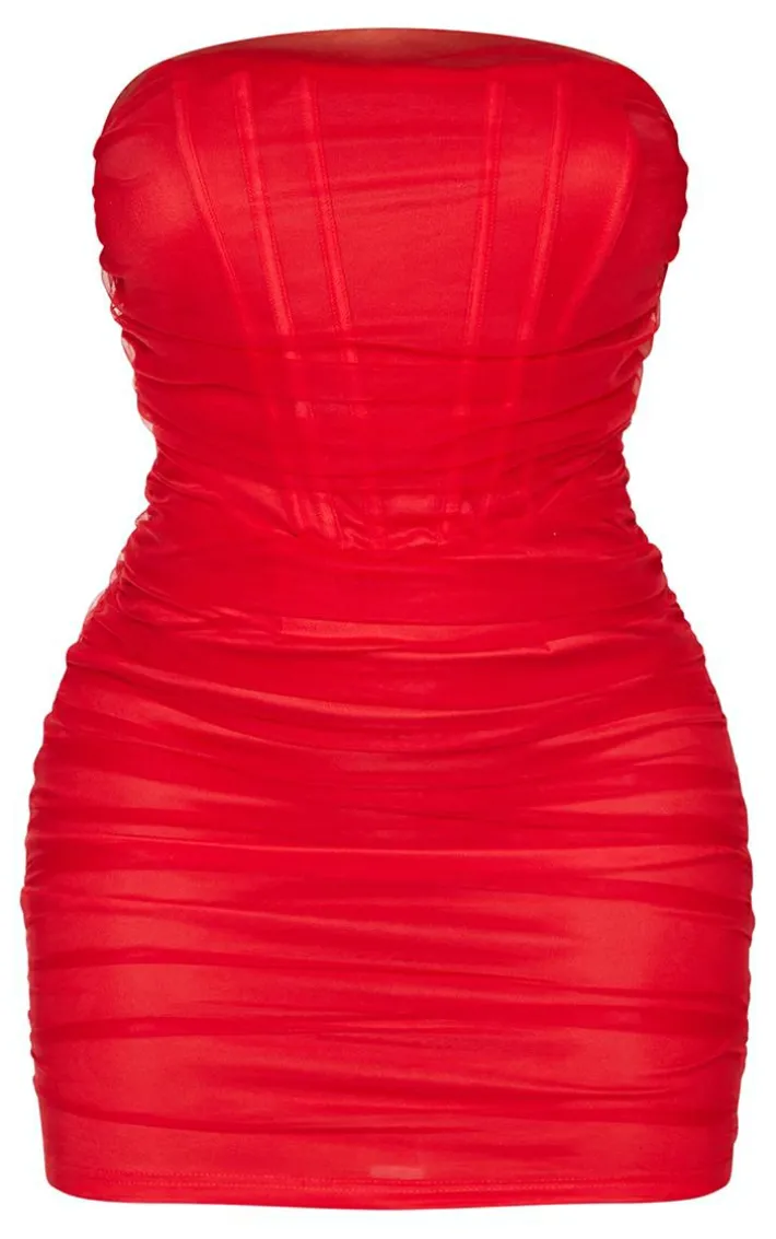 Shape Red Mesh Corset Detail Ruched Bodycon Dress
