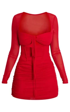 Shape Red Mesh Corset Detail Cut Out Bodycon Dress
