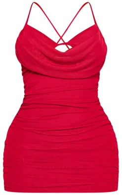 Shape Red Mesh Cowl Bralet Detail Ruched Bodycon Dress