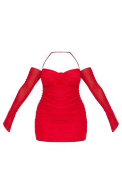 Shape Red Mesh Twist Cut Out Ruched Bodycon Dress