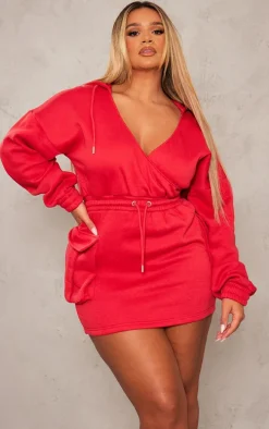 Shape Red Plunge Wrap Utility Pocket Sweatshirt Dress