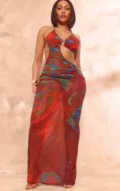 Shape Red Printed Chiffon Ring Detail Maxi Dress