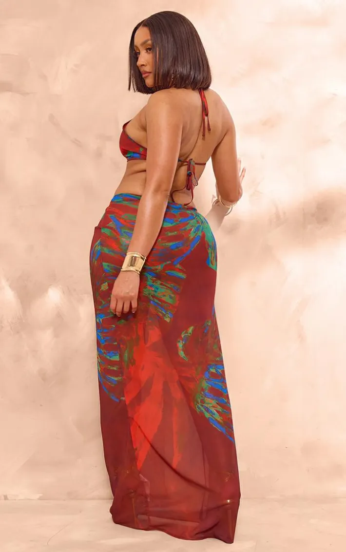 Shape Red Printed Chiffon Ring Detail Maxi Dress