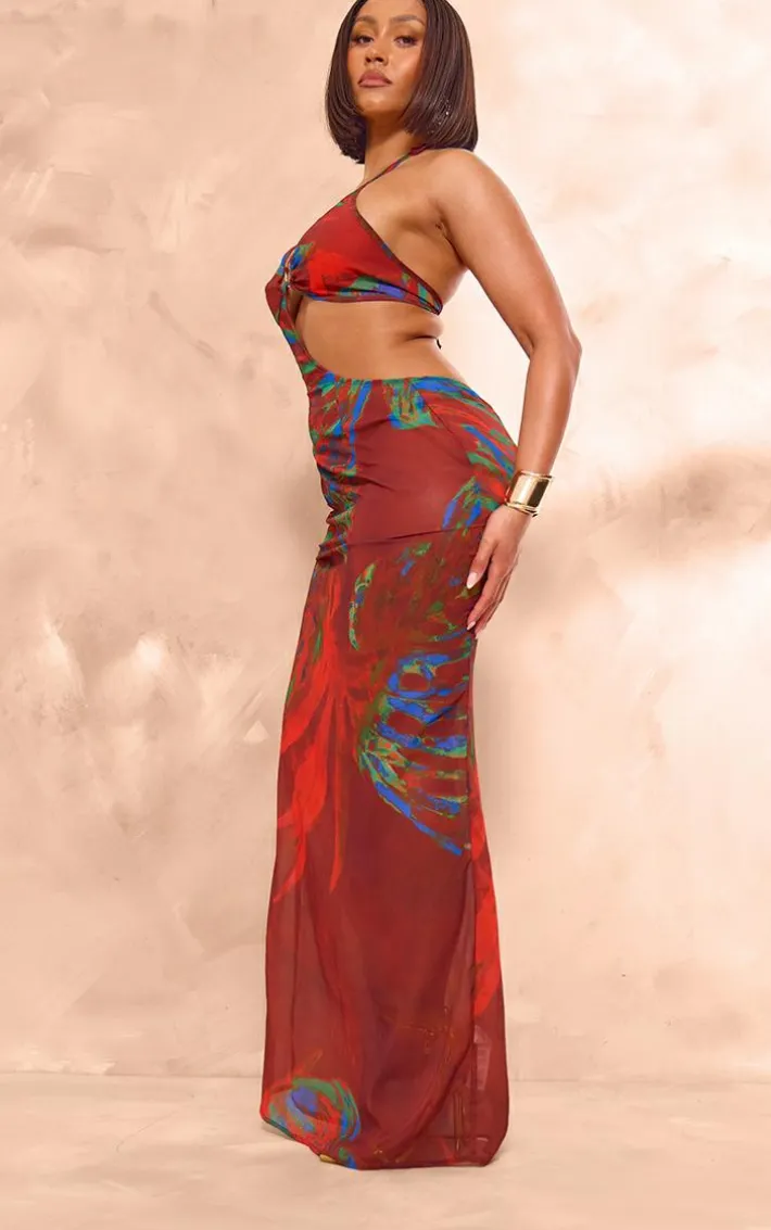 Shape Red Printed Chiffon Ring Detail Maxi Dress