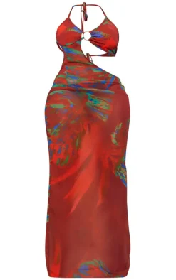 Shape Red Printed Chiffon Ring Detail Maxi Dress