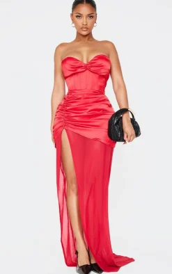 Shape Red Satin Corseted Mesh Insert Side Split Maxi Dress
