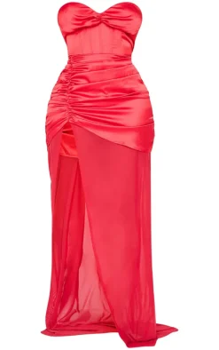 Shape Red Satin Corseted Mesh Insert Side Split Maxi Dress