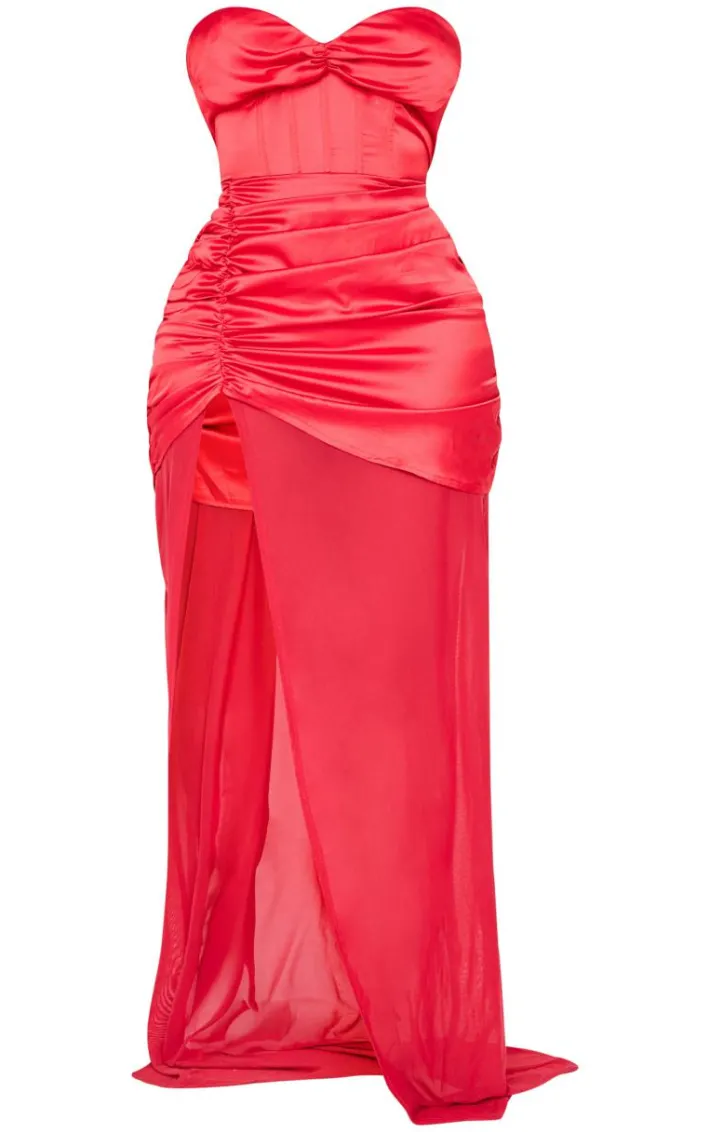 Shape Red Satin Corseted Mesh Insert Side Split Maxi Dress