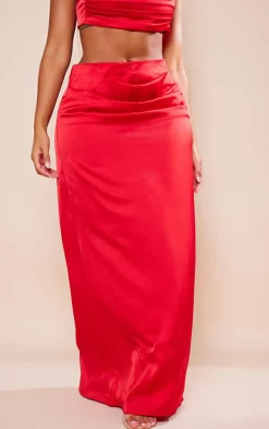 Shape Red Satin Drape Detail Maxi Skirt