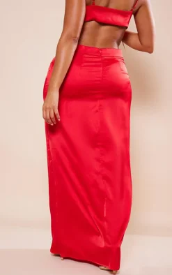 Shape Red Satin Drape Detail Maxi Skirt