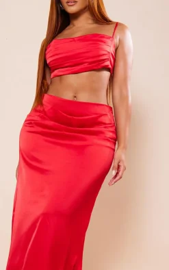 Shape Red Satin Drape Detail Maxi Skirt