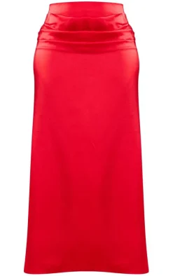 Shape Red Satin Drape Detail Maxi Skirt
